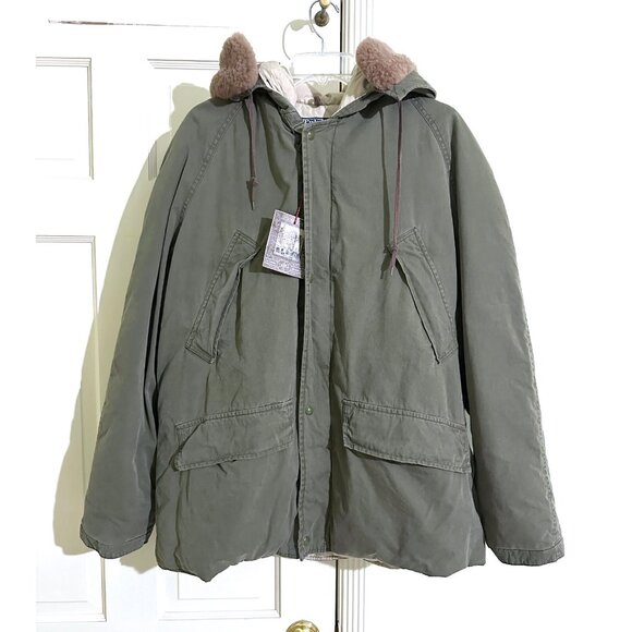 NWT Polo Ralph Lauren Down Puffer Coat Jacket Olive Green Lamb Fur Collar M - Picture 1 of 15
